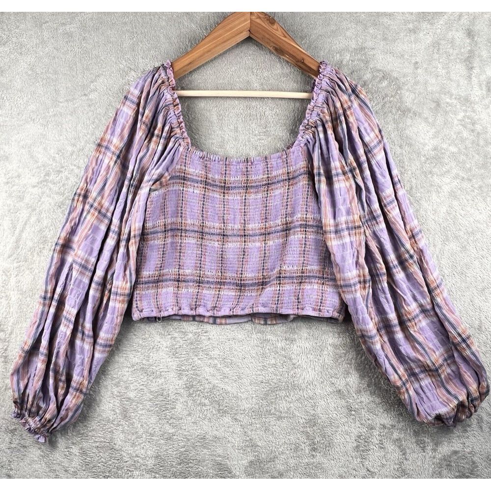 Free People‎ Cherry Bomb Top Womens XL Purple Plaid Balloon Sleeves Ruched Boho - Picture 2 of 11